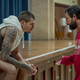 (L-R) Juancho Hernangomez as Bo Cruz and Adam Sandler as Stanley Sugerman in Hustle